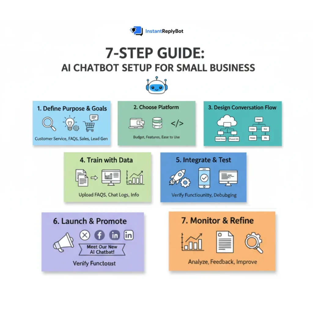 A 7-step guide showing the process of setting up ai chatbots for small business, from purpose to monitoring.