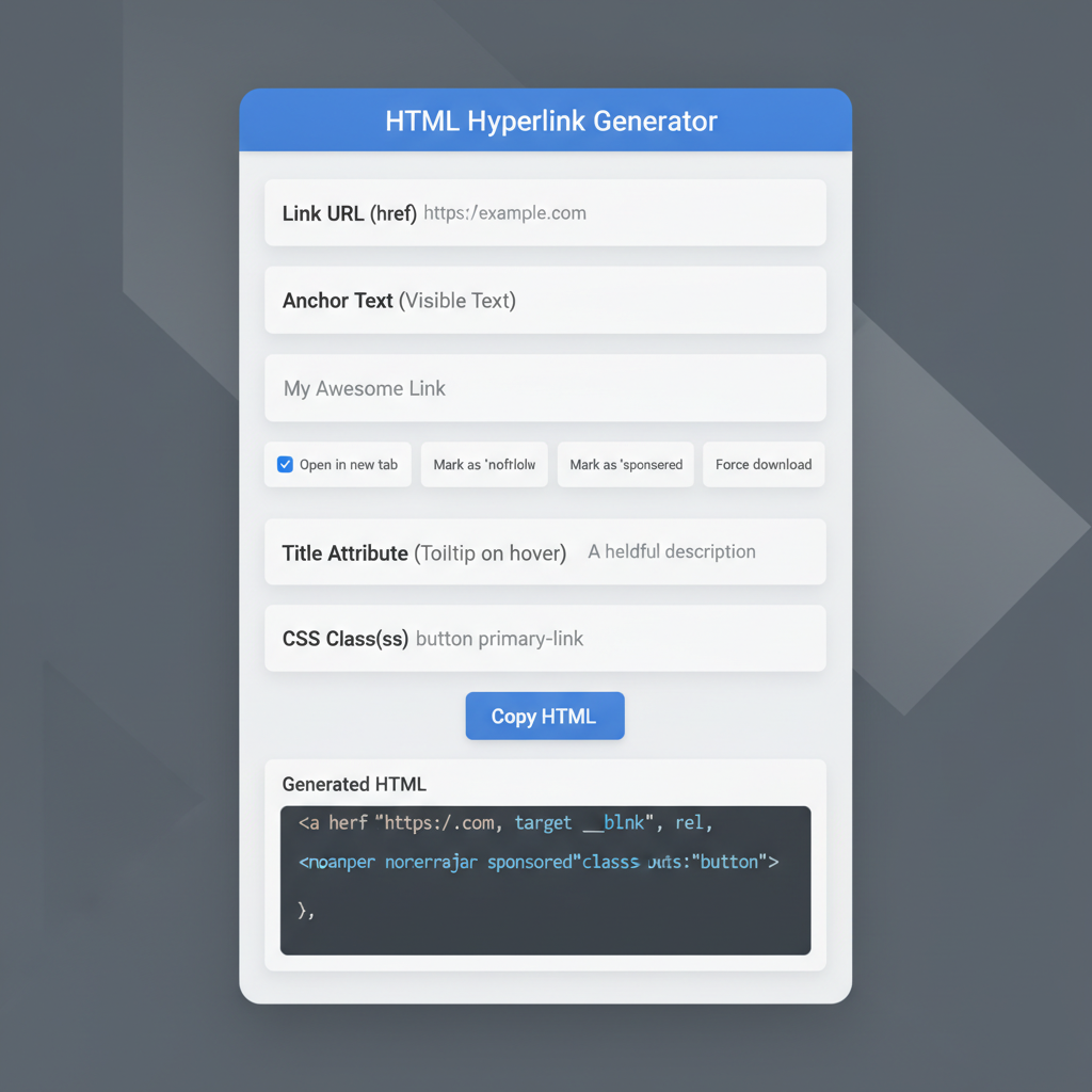 A screenshot of a hyperlink html generator tool showing the input fields for URL and anchor text.